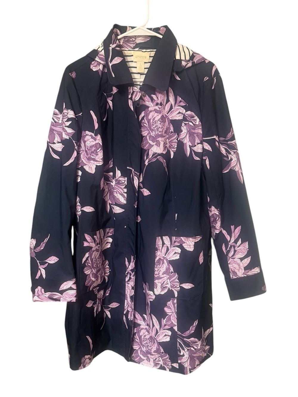 Chico's Navy Purple Floral Hooded Rain Jacket Size 3 Striped Lined Coat Pockets
